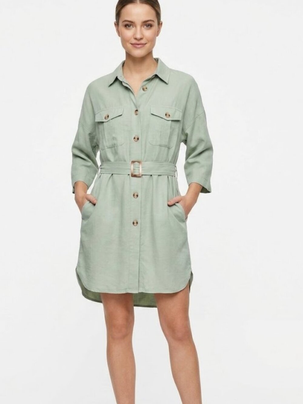 Stradivarius Sage Green Belted Shirt Dress with Pockets Size L